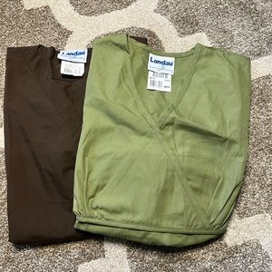 Lot of Landau women scrub tops olive green and brown size Medium mock wrap